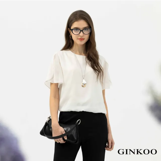 【GINKOO 俊克】下擺荷葉邊緹織點點襯衫上衣