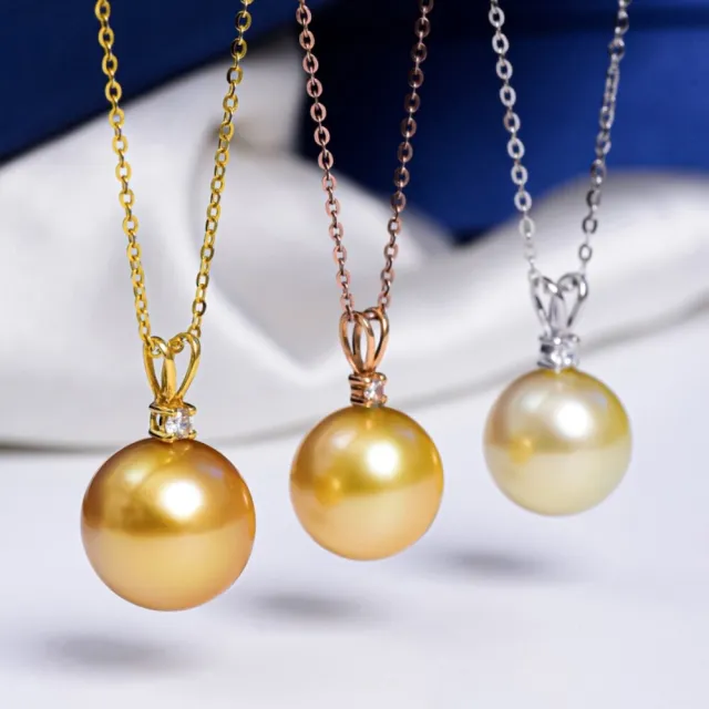 月輝珠寶 14-15mm 天然南洋金珠吊墜 18K金V字設計 鑲嵌單顆鑽石 原色強光海水珍珠項鍊 高級珠寶