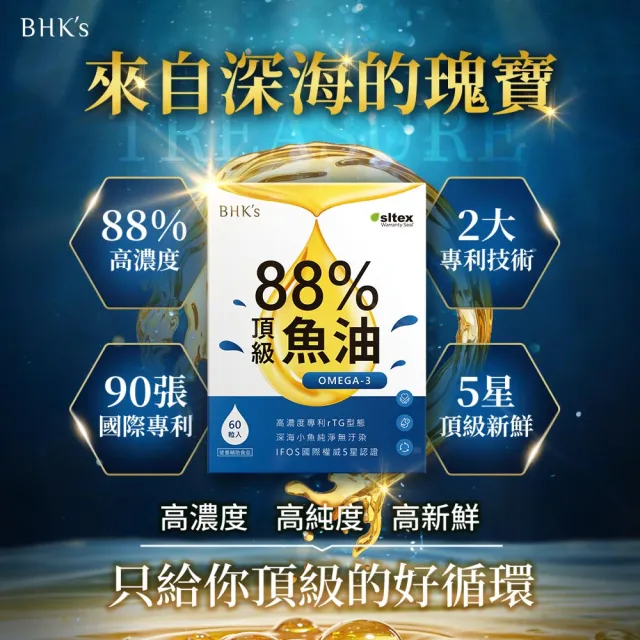 【BHK’s】88% Omega-3 頂級魚油 軟膠囊 1盒(60粒/盒)