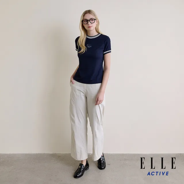 【ELLE ACTIVE】女款 撞色滾邊織紋短袖T恤-深藍色(EA26S1W1607-39)