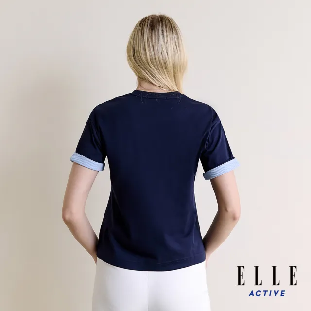 【ELLE ACTIVE】女款 撞色袖口圓領短袖T恤-藍色(EA26S1W1602-39)