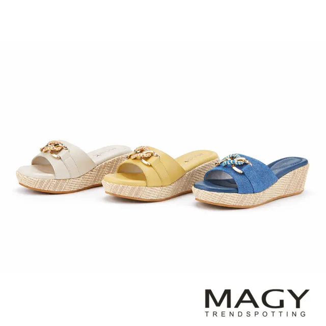 【MAGY】柔軟羊皮厚底楔型涼拖鞋 米白