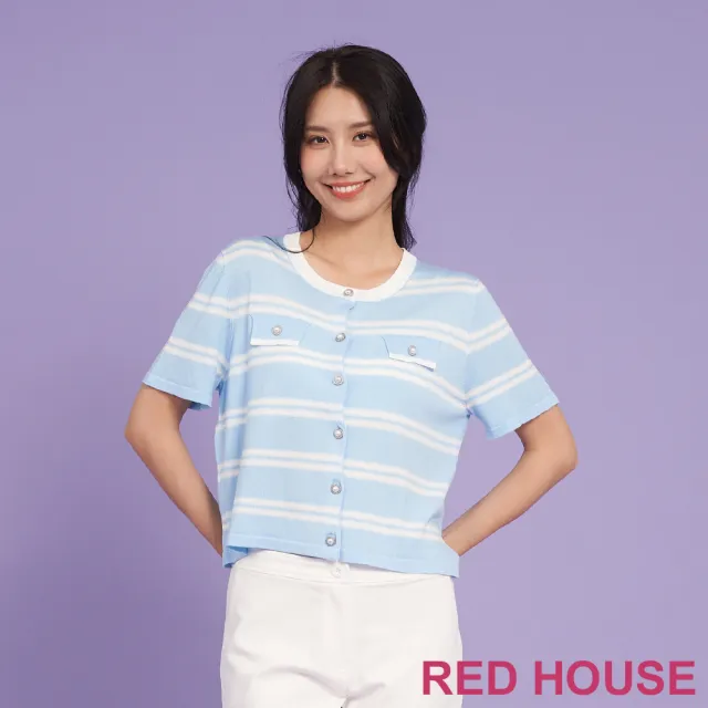 【RED HOUSE 蕾赫斯】清新小香風條紋針織外套(水藍色)