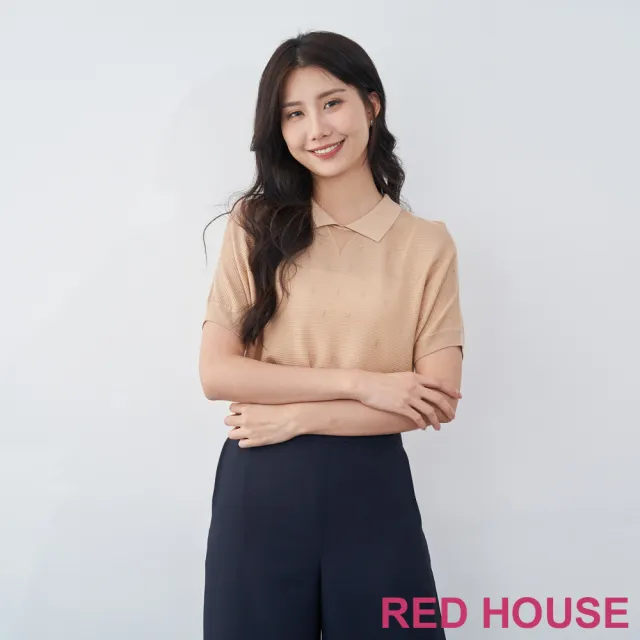 【RED HOUSE 蕾赫斯】鏤空襯衫領條紋水鑽針織衫(淺卡其)