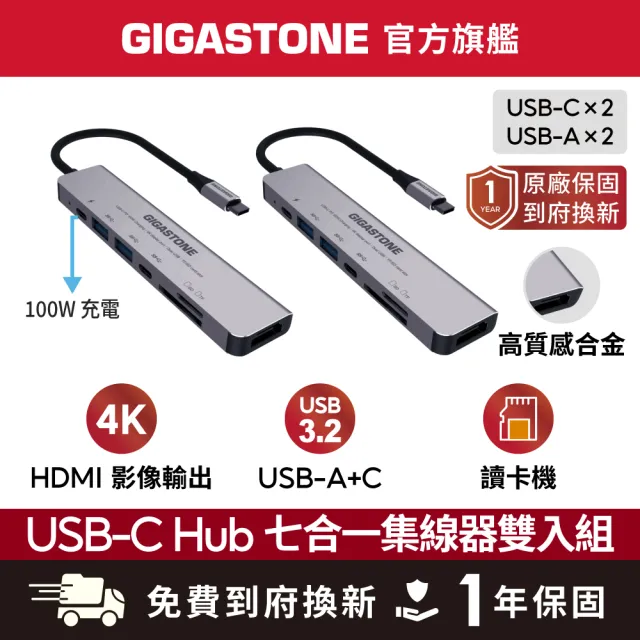 【Gigastone 立達國際】(2入組) 7合1多功能 100W PD充電 Type-C HUB集線器(USB/Type-C/SD/HDMI/Micro SD)