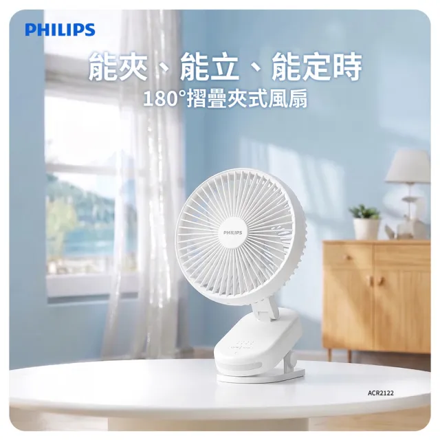 【Philips 飛利浦】180度擺頭 摺疊夾式風扇 能夾/能立/能定時(ACR2122DM)