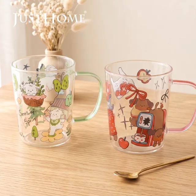 【Just Home】萌系動物透明玻璃杯2件組400ml/470ml(杯 玻璃杯 耐熱玻璃)