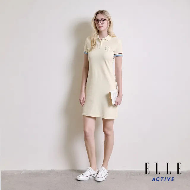 【ELLE ACTIVE】女款 袖口撞色翻領POLO短袖洋裝-米白色(EA26S1W2610#91)