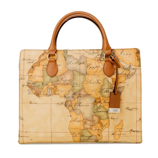 【Alviero Martini】義大利地圖包 四方手提側揹公事包 33cm(地圖黃)  下單即送品牌鑰匙圈