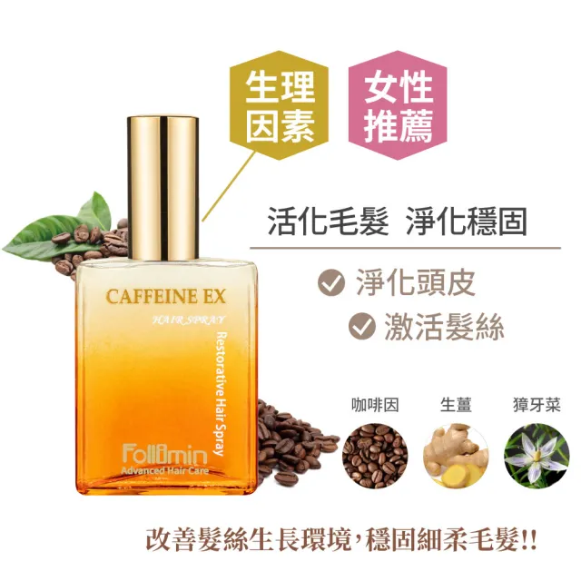 【Follimin 髮利明】咖啡因豐盈洗髮精+咖啡因舒壓養髮液+藍銅髮根滋養噴劑 合購(女性育髮推薦組)