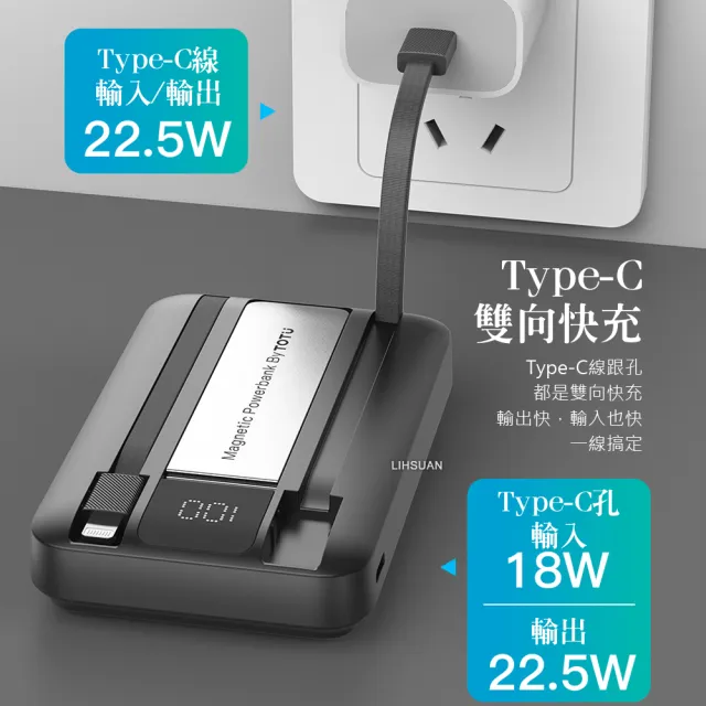 【TOTU】10000mAh 磁吸無線充電手機支架帶線快充行動電源 充手錶/耳機 MagSafe Wh標示/台灣BSMI/歐美CE/FCC