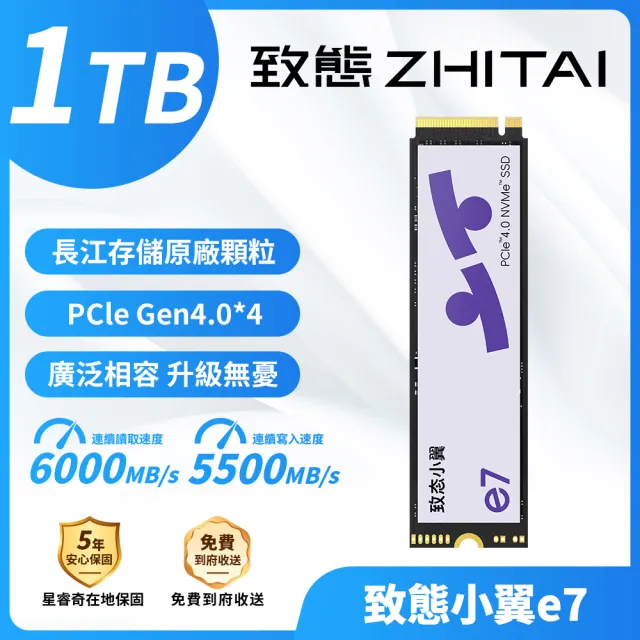 【ZHITAI 致態】致態小翼e7 1TB M.2 2280 Gen4 PCIe 4.0 SSD固態硬碟 讀6000 寫5500 (五年保)