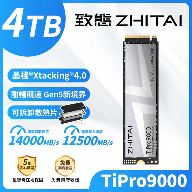 【ZHITAI 致態】TiPro9000 4TB M.2 2280 Gen5 PCIe 4.0 SSD固態硬碟 讀14000 寫12500 (五年保)