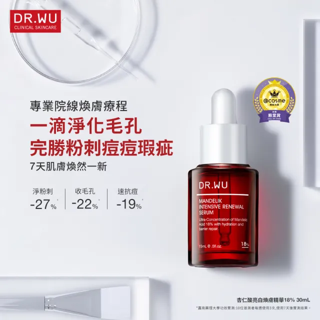 【DR.WU 達爾膚】黃金雙重杏仁酸煥膚組(杏仁酸精華18% 15ML+杏仁酸精華8% 15ML)