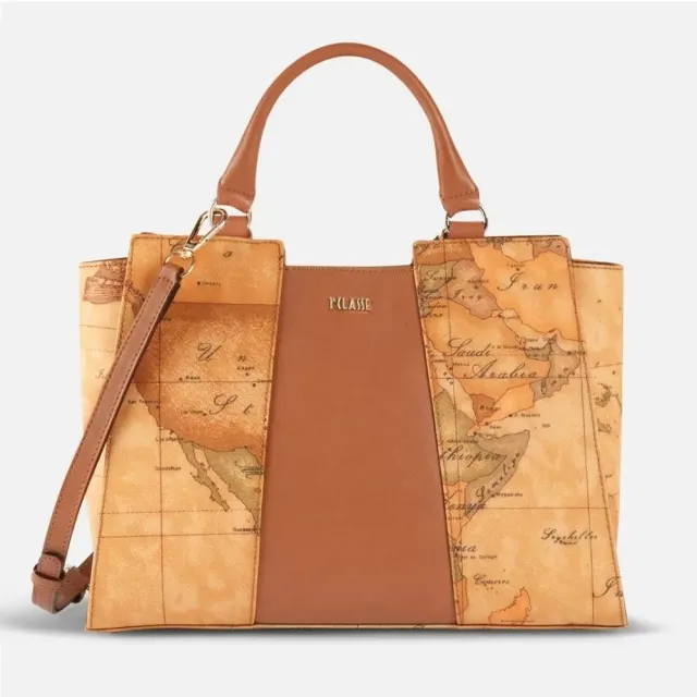 【Alviero Martini】義大利地圖包 拉鍊手提側揹包31cm(地圖黃) 下單即送品牌鑰匙圈 款式隨機