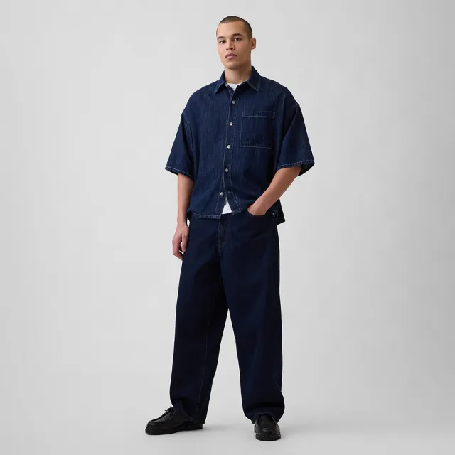 【GAP】男裝 牛仔寬版直下擺短袖襯衫-多色任選(893804)