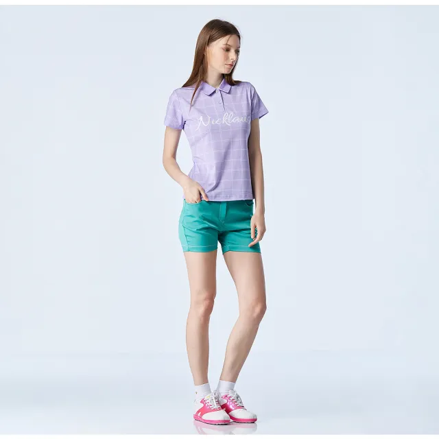 【Jack Nicklaus 金熊】GOLF女款彈性數位印花吸濕排汗高爾夫球/POLO衫(紫色)
