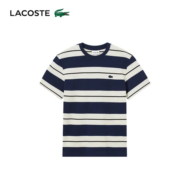 【LACOSTE】男款-經典條紋圓領短袖T恤(海軍藍/白色)