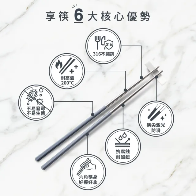 【mo select】買一送一-享筷台灣製316不鏽鋼防滑六角筷-5雙x2組(筷子/匙筷/抗菌/餐具/抗菌餐具/316不鏽鋼)
