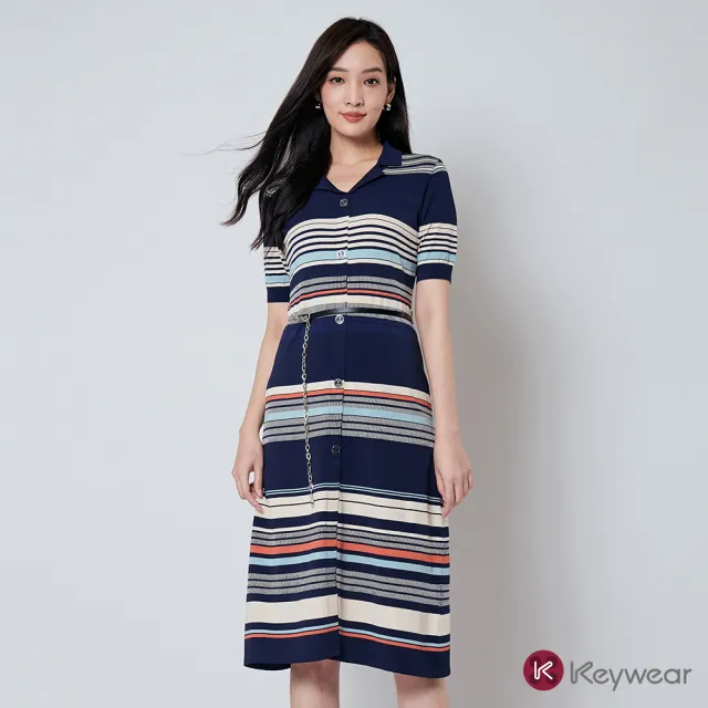 【KeyWear 奇威名品】條紋間色微收身短袖針織洋裝