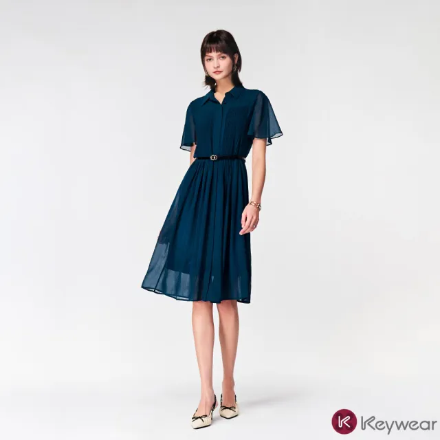 【KeyWear 奇威名品】壓褶雪紡短袖襯衫洋裝(共2色)