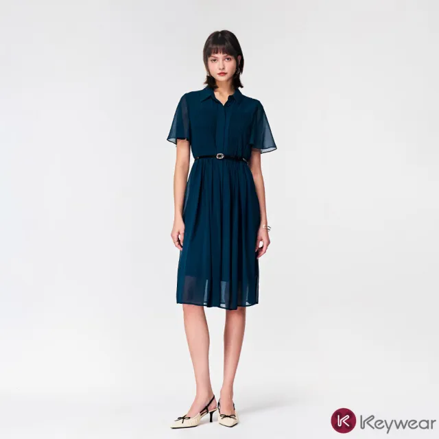 【KeyWear 奇威名品】壓褶雪紡短袖襯衫洋裝(共2色)