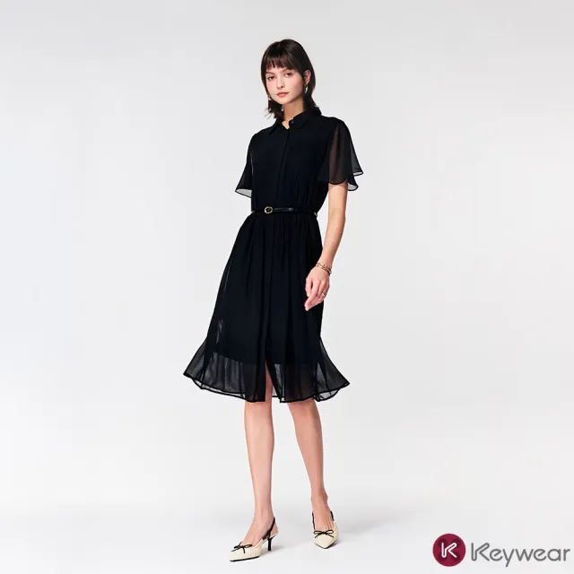 【KeyWear 奇威名品】壓褶雪紡短袖襯衫洋裝(共2色)