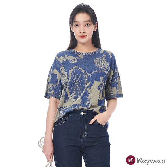 【KeyWear 奇威名品】圓領藝術圖案短袖針織上衣