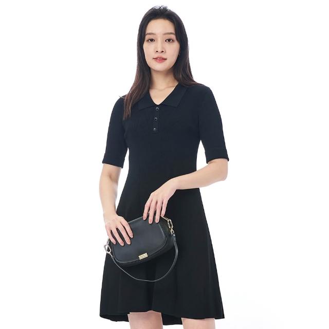 【KeyWear 奇威名品】翻領坑條修身短袖洋裝