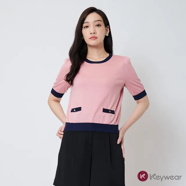 【KeyWear 奇威名品】小香蜂滾邊釦飾短版短袖針織上衣