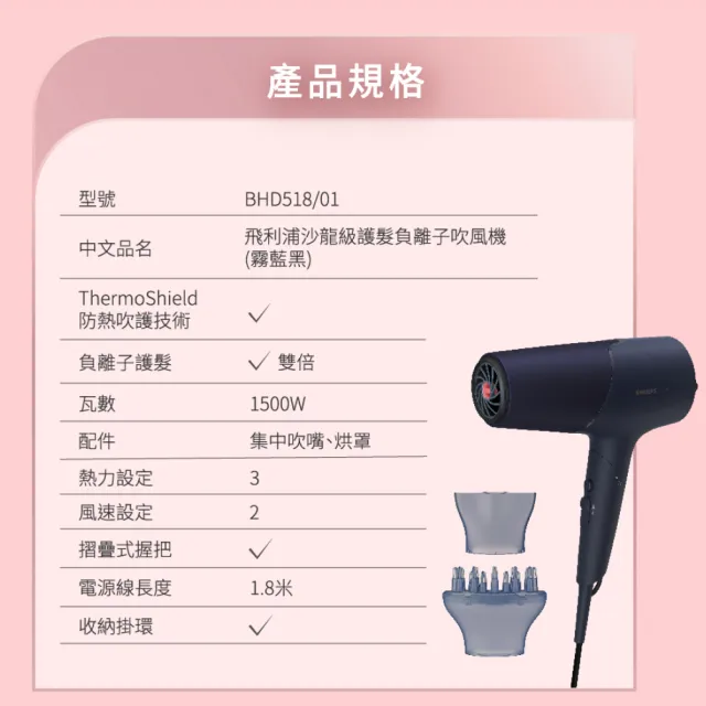 【Philips 飛利浦】BHD518 沙龍級負離子吹風機 (霧藍黑/4000萬負離子/附烘罩/官方直營)