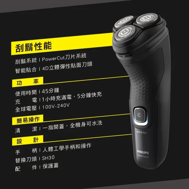 【Philips 飛利浦】X3051/00 全新X系列電鬍刀 (4D貼面/舒適快剃/2年保固/官方直營)