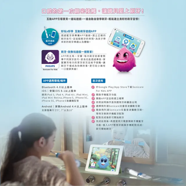 【Philips 飛利浦】HX6322/04 新一代藍芽兒童音波牙刷 (互動APP/送貼紙/保護乳牙/官方直營)