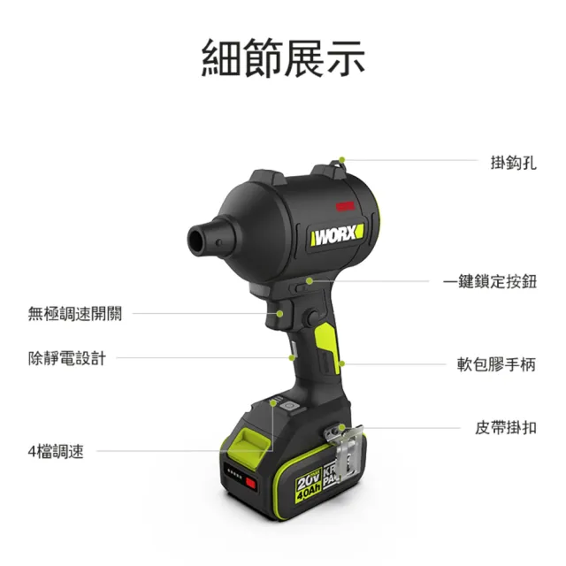 【WORX 威克士】20V 鋰電無刷空氣除塵槍 WU093.2(鼓風機 吹塵槍 吹葉機 無刷 鋰電 吹風 無刷渦輪吹塵槍)