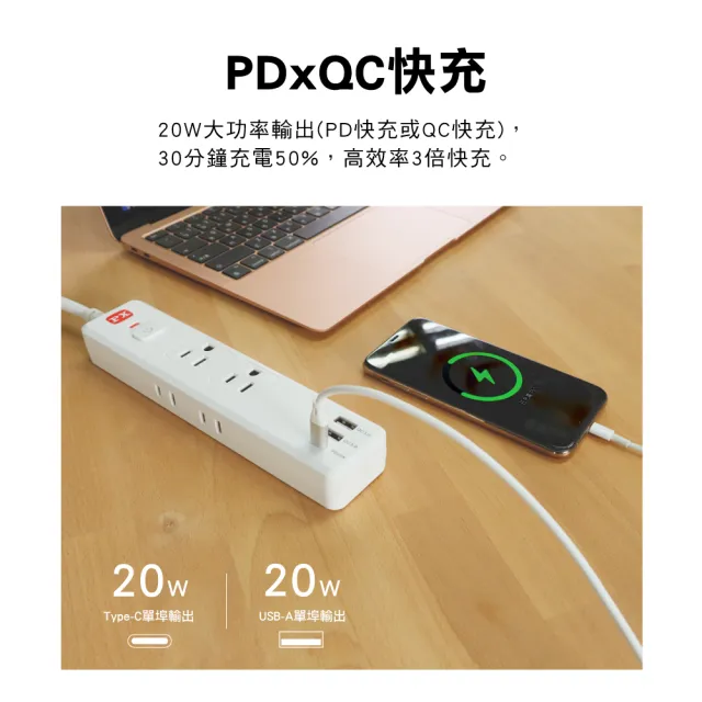 【PX 大通】台灣製造3年保固1開6插+2A1C Type C USB 防火防雷突波插座電源延長線1.2M米(POL-161P)