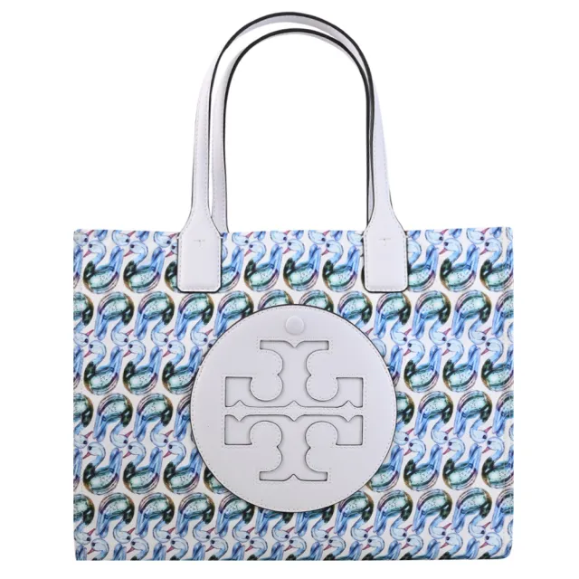 【TORY BURCH】經典雙T LOGO天鵝印花皮邊飾購物包托特包(白)