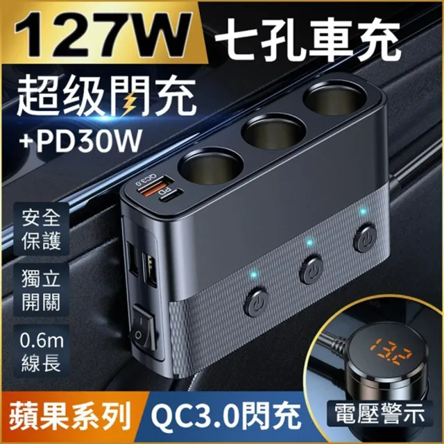 【YORI 優里】最強127W大功率車充(點煙孔擴充器 車用充電器 USB車充 PD+QC3.0快充 PD30W車充)