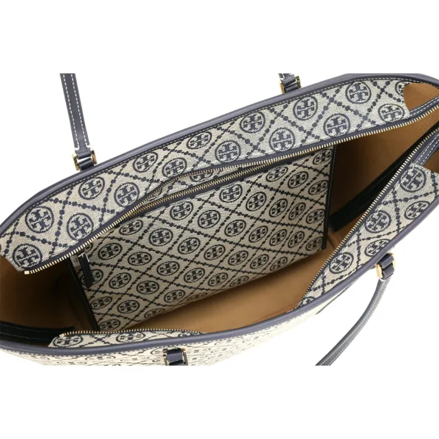 【TORY BURCH】T Monogram 緹花編織拼皮革拉鍊手提 肩背托特包 附萬用包-海軍藍