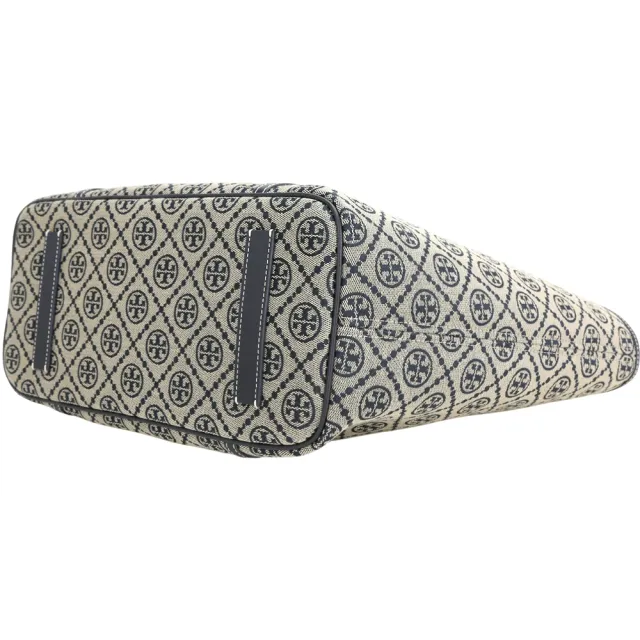 【TORY BURCH】T Monogram 緹花編織拼皮革拉鍊手提 肩背托特包 附萬用包-海軍藍