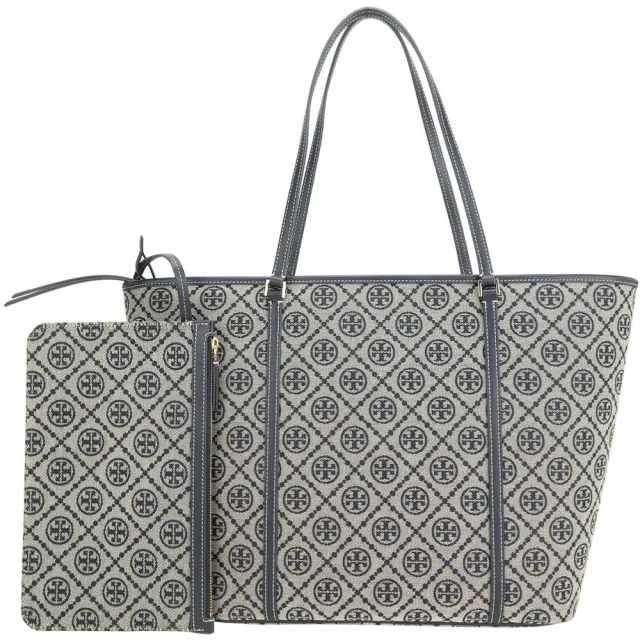 【TORY BURCH】T Monogram 緹花編織拼皮革拉鍊手提 肩背托特包 附萬用包-海軍藍