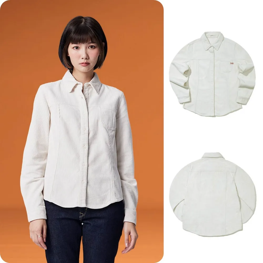 【Lee】女裝 長袖襯衫 / 燈心絨 刺繡小LOGO 休閒襯衫 奶霜白 季節性版型(LB307008005)