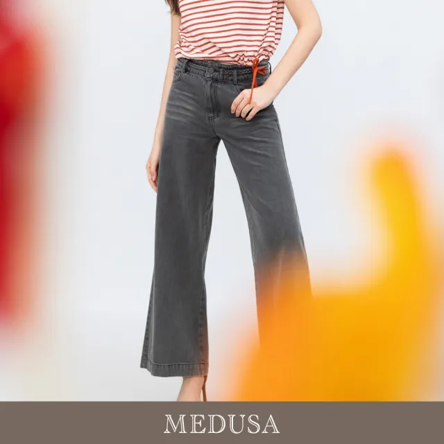 【MEDUSA 曼度莎】現貨-編織腰頭寬版刷色牛仔長褲（M-XL）｜休閒寬褲 牛仔寬褲 休閒穿搭