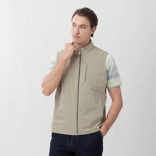 【pierre cardin 皮爾卡登】休閒服飾 男款 防潑水涼感彈力立領背心-卡其色(5267362-83)