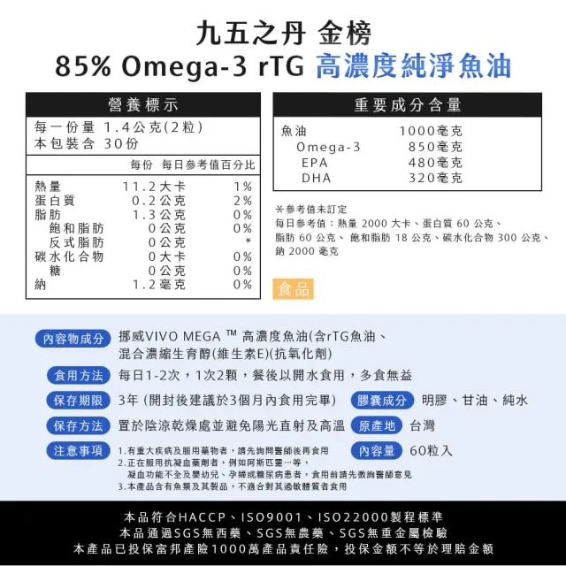 【JIU WU DAN 九五之丹】品質評鑑特金高濃度純淨魚油 1入組共60粒(OMEGA-3含量大於93%)