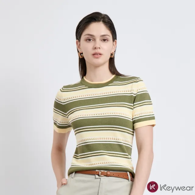 【KeyWear 奇威名品】顯瘦條紋短袖針織上衣(共3色)