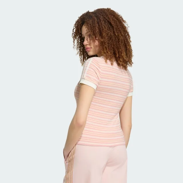 【adidas 愛迪達】Striped Tee 女 T恤 運動上衣 休閒短袖 粉紅 白 亞版(KY8116)