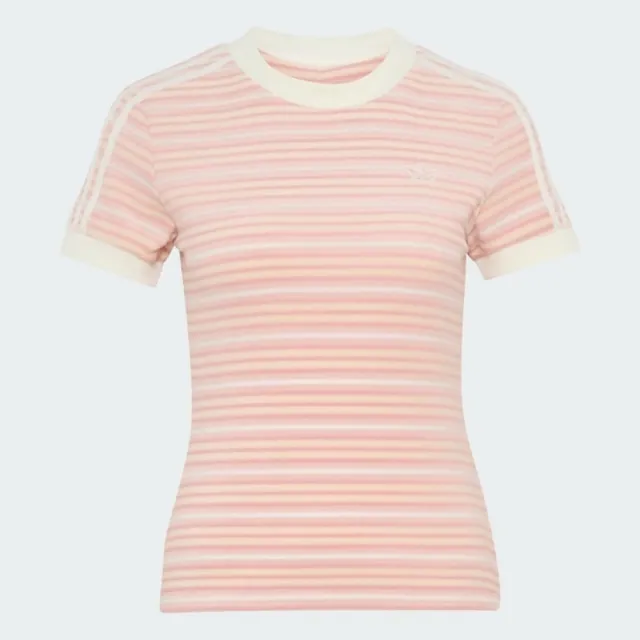 【adidas 愛迪達】Striped Tee 女 T恤 運動上衣 休閒短袖 粉紅 白 亞版(KY8116)