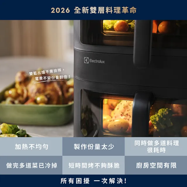 【Electrolux 伊萊克斯】透視雙享鍋 800系列 直立雙層氣炸鍋☆ (E8AF1-810B)