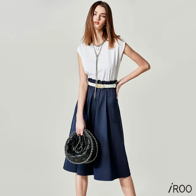 【iROO】異素材拼接撞色縮腰洋裝