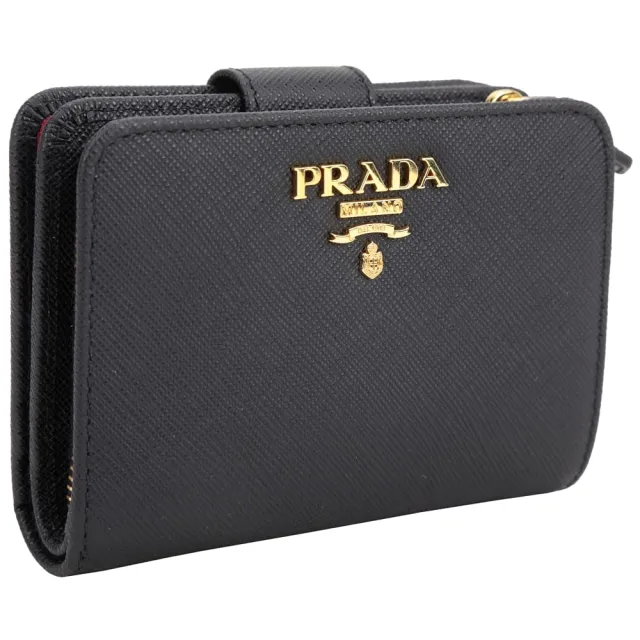 【PRADA 普拉達】Saffiano 金字浮刻撞色內層防刮牛皮對折短夾-黑色